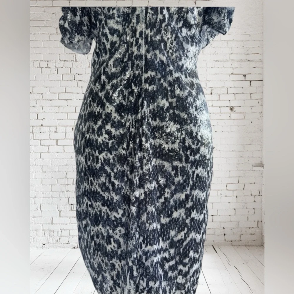 Michael Kors Dress Womens  Blue Embellished Sequin Ruched Sleeve